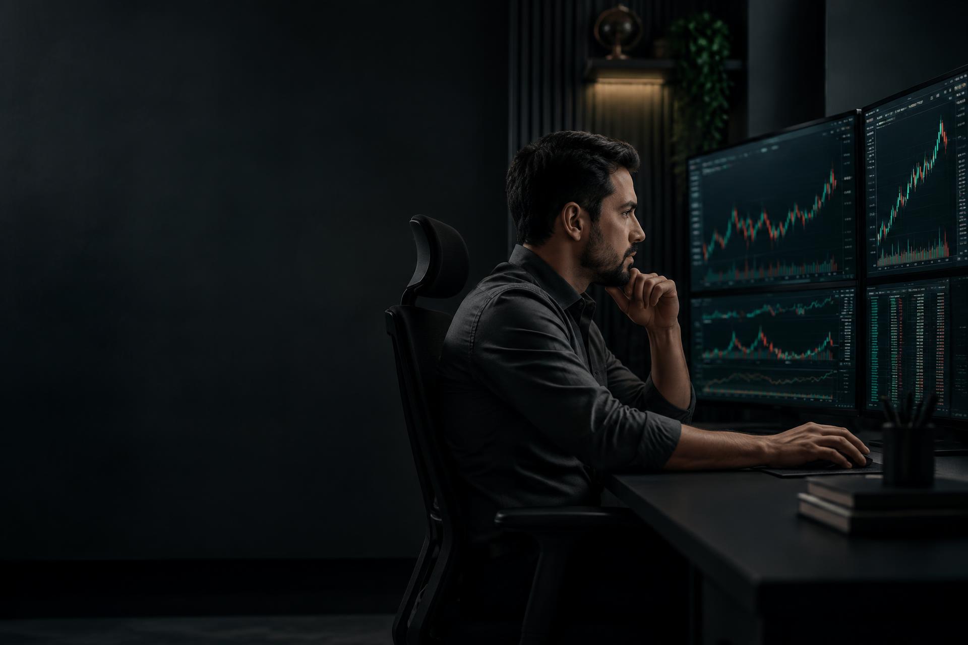 Trader profissional analisando gráficos financeiros em seu ambiente de estudo